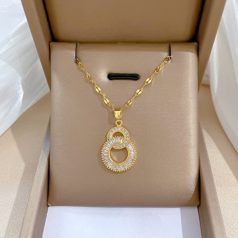 DIEYURO 316L Stainless Steel Crossover Circles Pendant Necklace For Women Girl Luxury Choker Charm Chain Jewelry Gift Party - Charlie Dolly