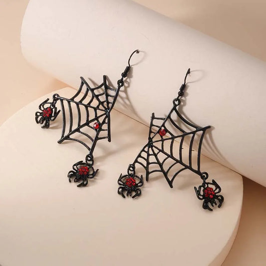 Punk Spider Web Earrings for Women Red Zircon Spider Dangle Earrings Hyperbole Funny Halloween Ear Jewelry Trendy Accessories