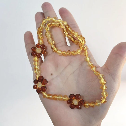 2 Styles Amber Teething Necklace/Bracelet for Baby Genuine Baltic Amber Jewelry with Sunflowers for Girls Women Chriristmas Gift - Charlie Dolly