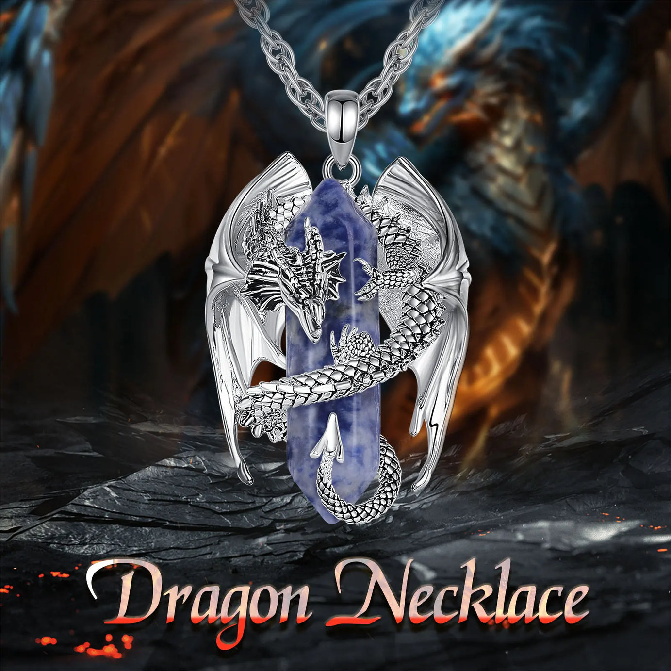 Natural Dumortierite Dragon Pendant Necklace, Hexagonal Blue Healing Crystal Amulet