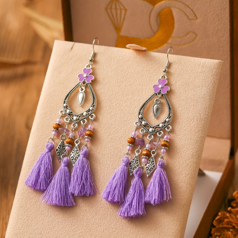 Fashion Bohemian Heart Flower Enamel Geometric Tassel Earrings For Women Irregular Stone Beads Handmade Boho Wedding Jewelry