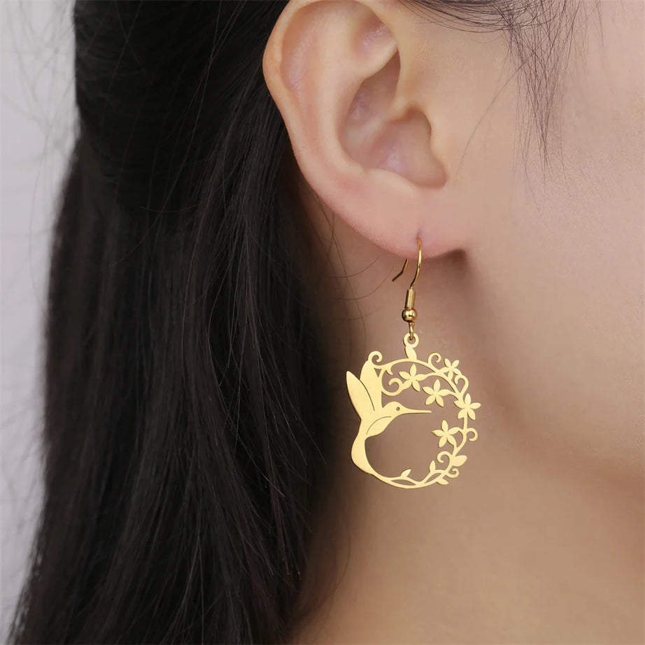 Hummingbird Filigree Flower Dangle Earrings Jewelry