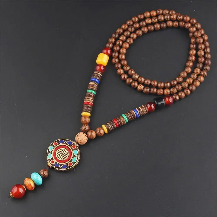 Nepal Wood Bead Mala Pendant Necklace Jewelry