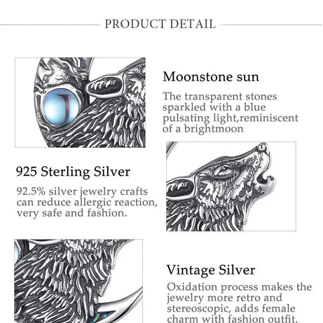 Wolf on the Moon Necklace with Moonstone, S925 Sterling Silver