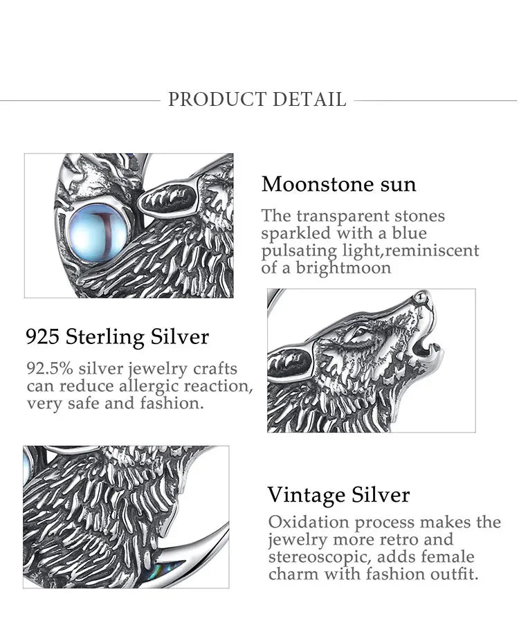 Eudora 925 Sterling Silver Wolf on the Moon Necklace Moonstone Wolf Pendant Animal Series Jewelry for Warriors Men'women Gift