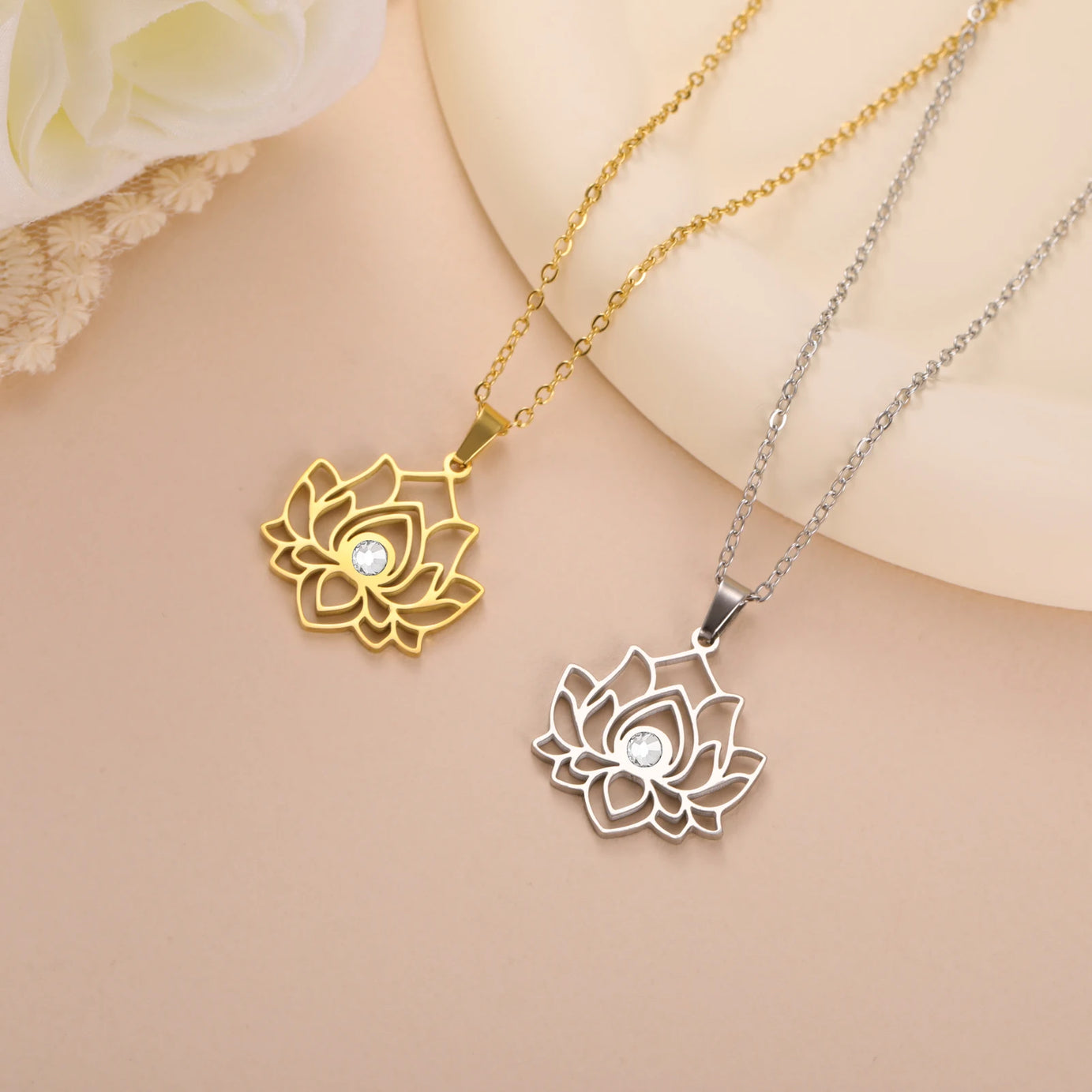 Lotus Zircon Chakra Pendant, Stainless Steel Yoga Amulet