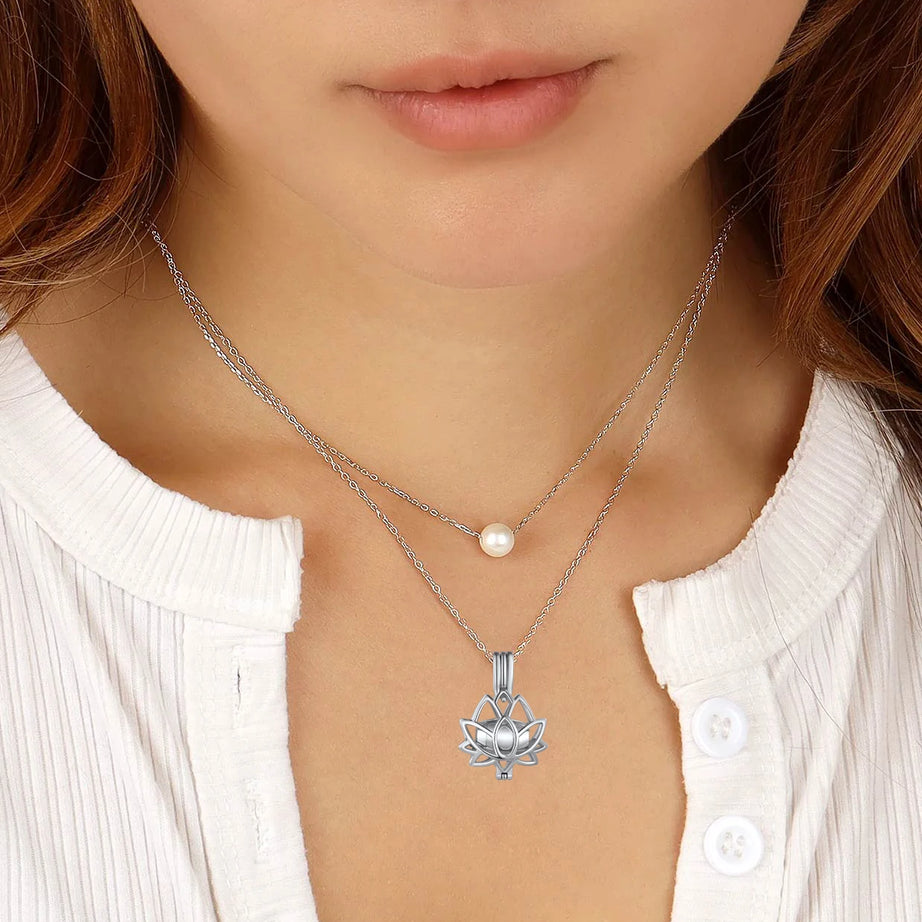 Lotus Flower Cremation Ashes Urn Necklace, Stainless Steel Memorial Keepsake Pendant