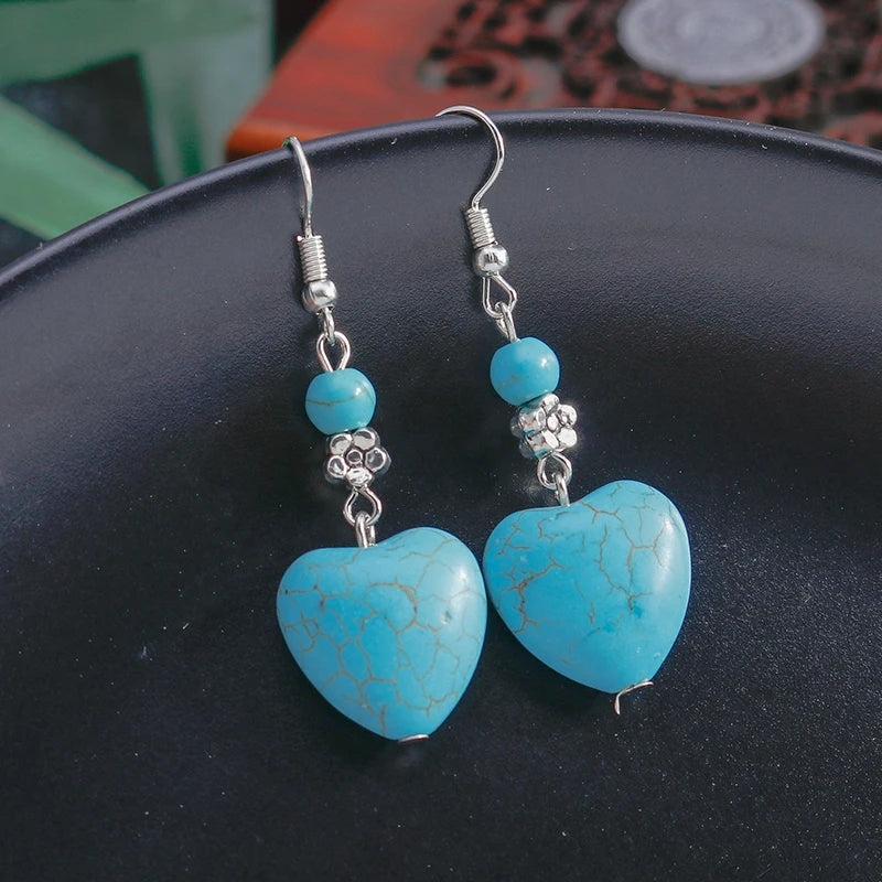 Boho Vintage Turquoise Water Drop Stud Earrings for Women Star Heart Flower Tribe Earring Statement Valentine Day Gift Jewelry