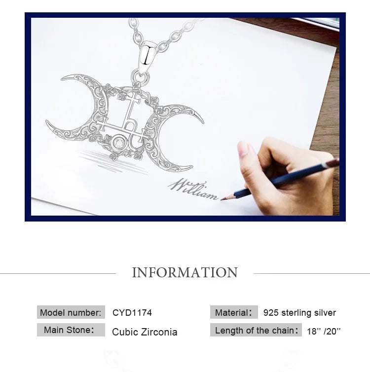Eudora 925 Sterling Silver Lilith Sigil Necklace Vintage Triple Moon Goddess Amulet Pendant Personality Jewelry Party Gift