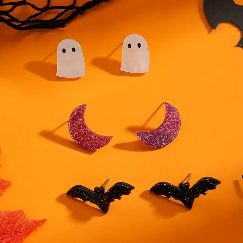 Halloween Gothic Earring Set - 3 Pairs Of Acrylic Studs With Moon, Bat, Ghost, Pumpkin & Spider Designs For Women - Perfect Vint - Charlie Dolly