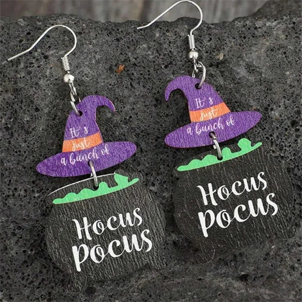 Cute Wooden Hocus Pocus Earrings For Women Cartoon Halloween Silver Color Hook Earings Purple Magic Hat Shape Chic Jewelry - Charlie Dolly