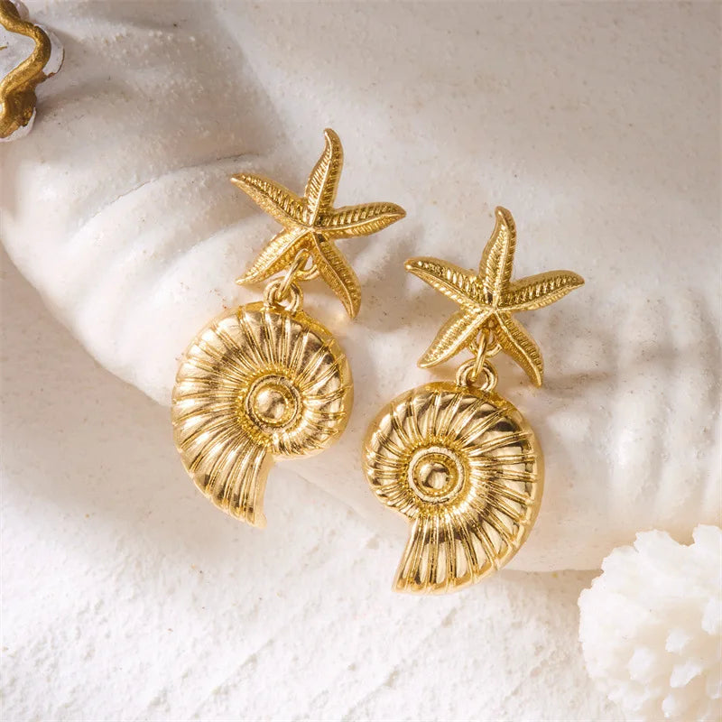 Boho Ocean Style Starfish Shell Pendant Earrings for Women Summer Seaside Conch Scallop Pearl Earring Summer Beach Charm Jewelry