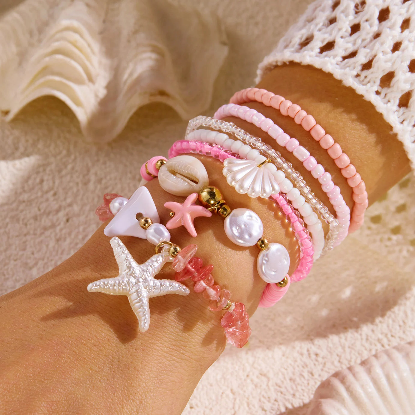 Pink Pearl and Shell Stackable Bracelet Set (5 Pieces)