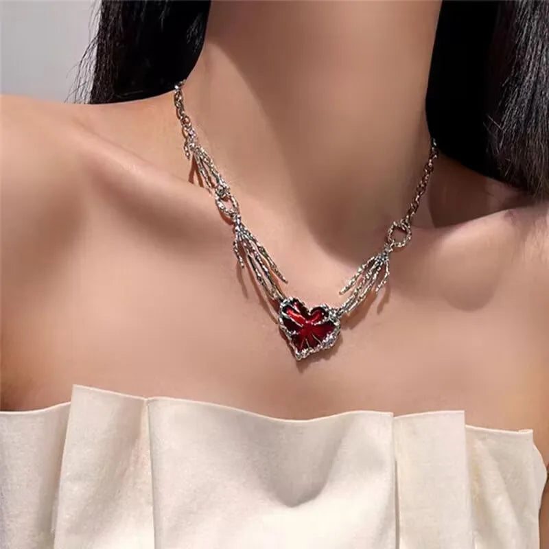 Gothic Vintage Red Heart Ghost Claw Pendant Chain Necklace for Women Men Halloween Punk Y2K Grunge Hip Hop Jewelry Accessories - Charlie Dolly