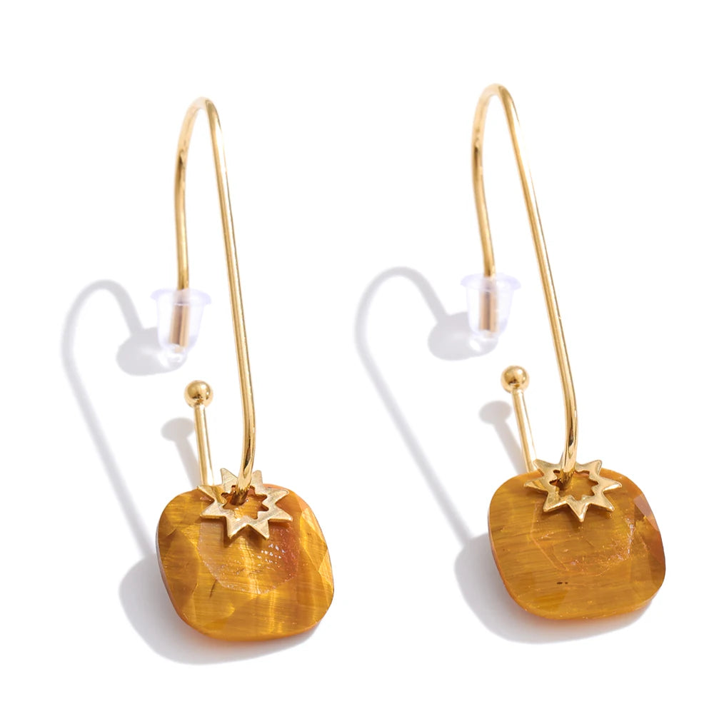 Yhpup Stainless Steel Natural Tiger Agate Stone Square Drop Earrings 14K Gold PVD Plated Chic French Fashion Waterproof Jewelry