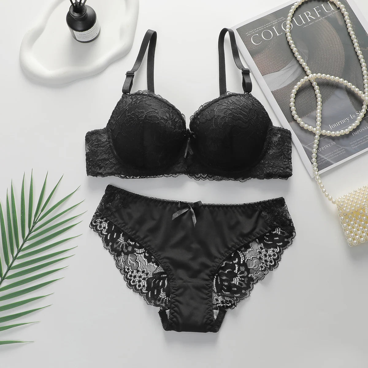 2-piece Sexy Multi-color Lingerie Set For Women's Gathering Push Up Underwear For Women's Flower Underwear Set A2155 Black / M