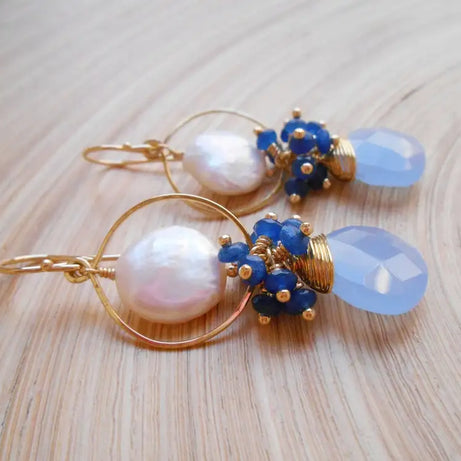 Constance gemstone cluster chandelier earrings blue white lapis lazuli coin pearl chalcedony gold fill gift for her June - Charlie Dolly