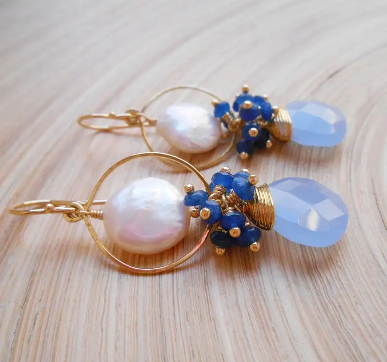 Constance gemstone cluster chandelier earrings blue white lapis lazuli coin pearl chalcedony gold fill gift for her June