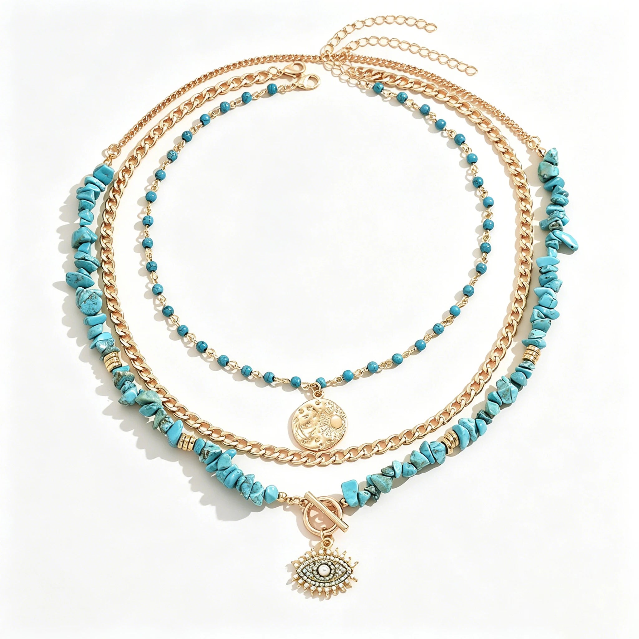 Turquoise Chip Evil Eye Moon Layered Set Jewelry