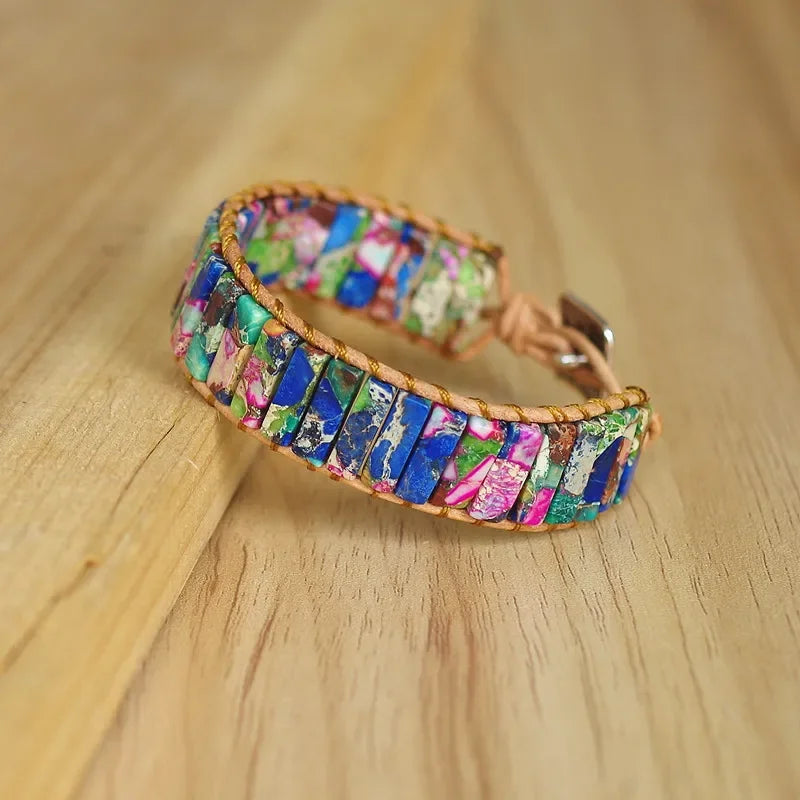 Women Men Boho Leather Wrap Bracelet & Bangle Natural Amazonite Stone Beaded Bohemia Charm Bracelet Handmade Jewelry Gift