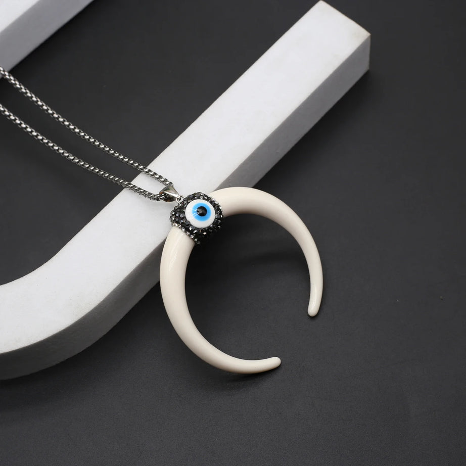 Natural Stone Horn Necklace Reiki Heal Turquoise Rhinestone Crescent Moon Pendant Stainless Steel Chain Boho Necklaces Jewelry - Charlie Dolly