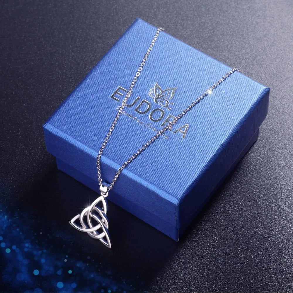 Eudora Real 925 Sterling Silver Triangle Celtics Knot Pendant Neckalce Women Fashion Sliver Jewelry for Birthday Gift Box CYD138