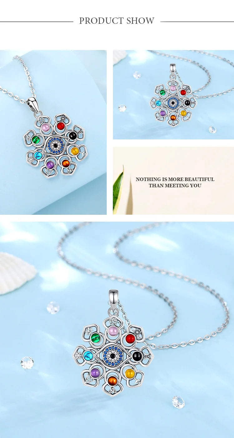 Eudora 925 Sterling Silver Lotus Evil Eye Necklace Colourful Pentagram Hecate Flower Pendant Personality Jewelry for Women Man