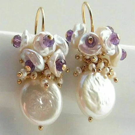 Handmade Drop Earrings with Freshwater Pearl and Lapis Lazuli Stone Women Jewelry - Charlie Dolly