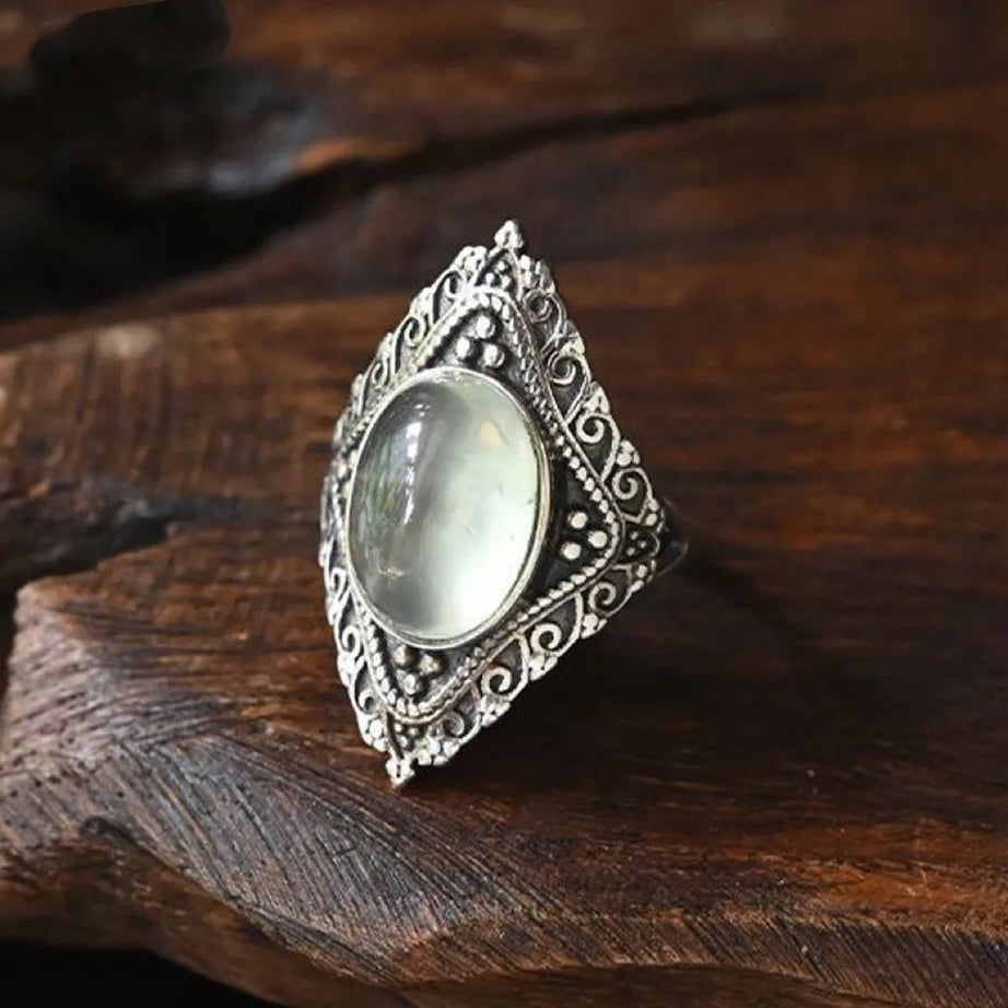 Natural Rose Quartz Oval Gemstone Ring - Vintage Boho Silver Plated Handmade Jewelry for Women Gift Party & Daily Wear - Charlie Dolly