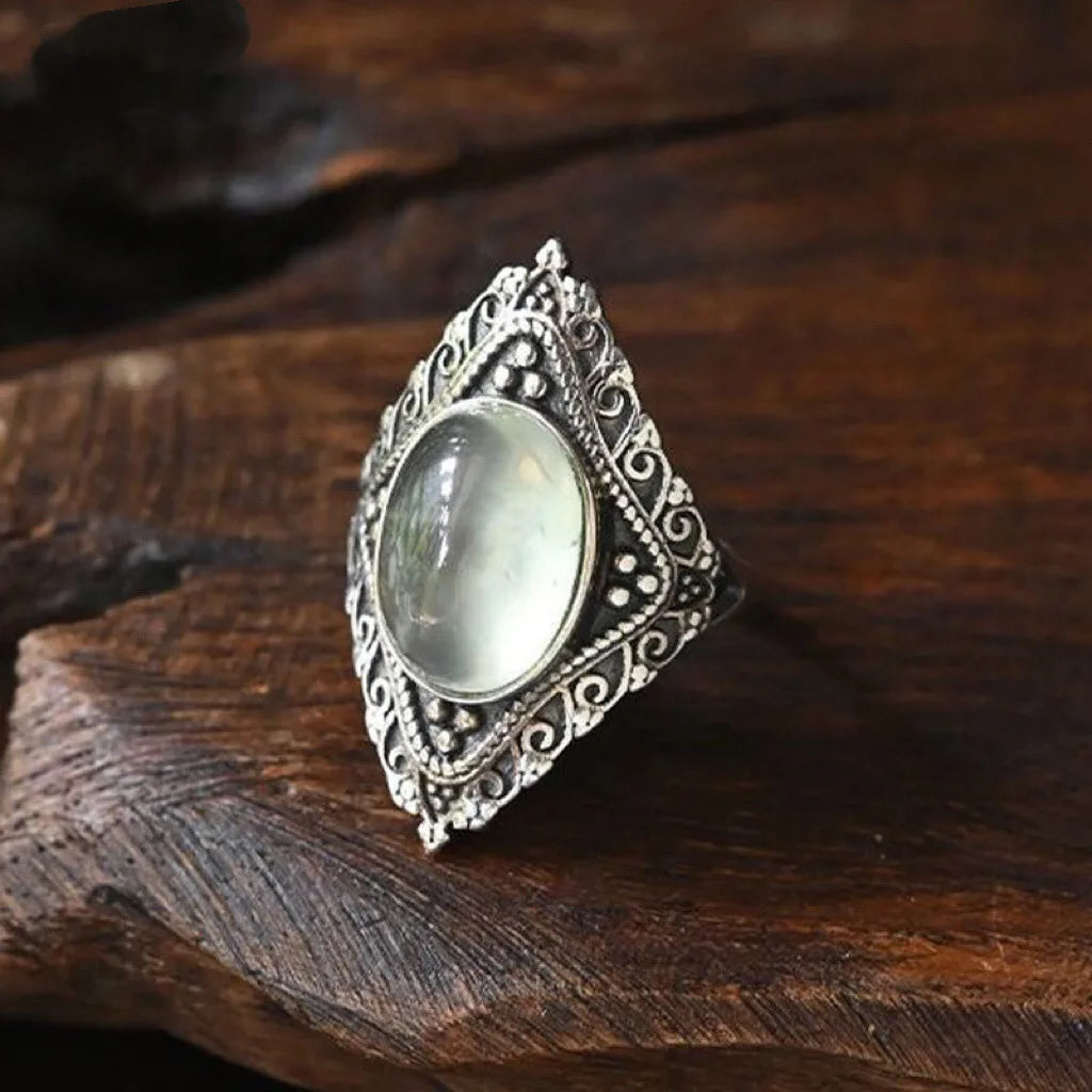 Natural Rose Quartz Oval Gemstone Ring - Vintage Boho Silver Plated Handmade Jewelry for Women Gift Party & Daily Wear