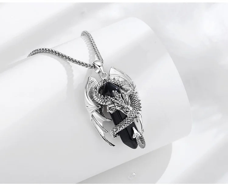 Eudora Dragon Twining Hexagonal Obsidian Prismatic Necklace Punk Healing Stone Crystal Pendant personality Jewelry Gift for Man