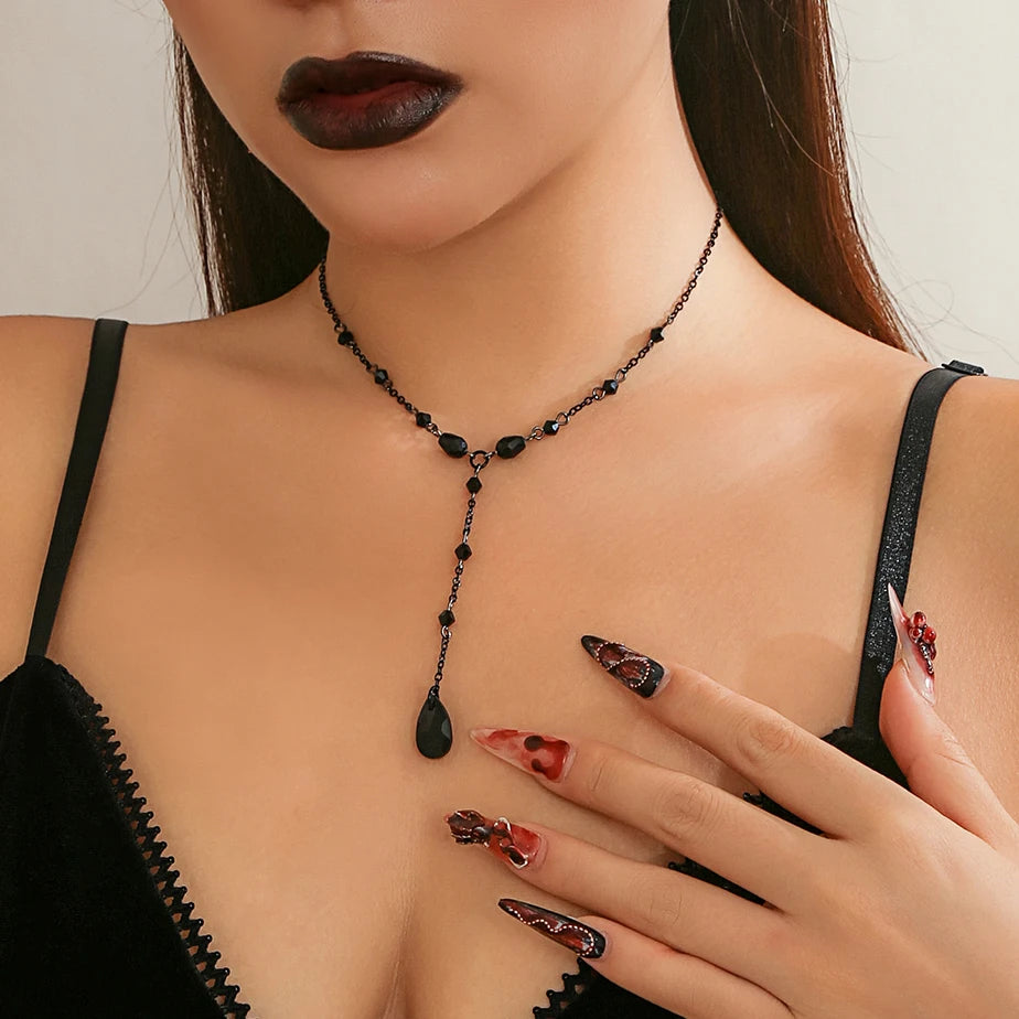 Goth Black Water Drop Crystal Chest Chain Necklace for Women Collares Vintage Sexy Link Choker Y2K Halloween Jewelry Accessories - Charlie Dolly