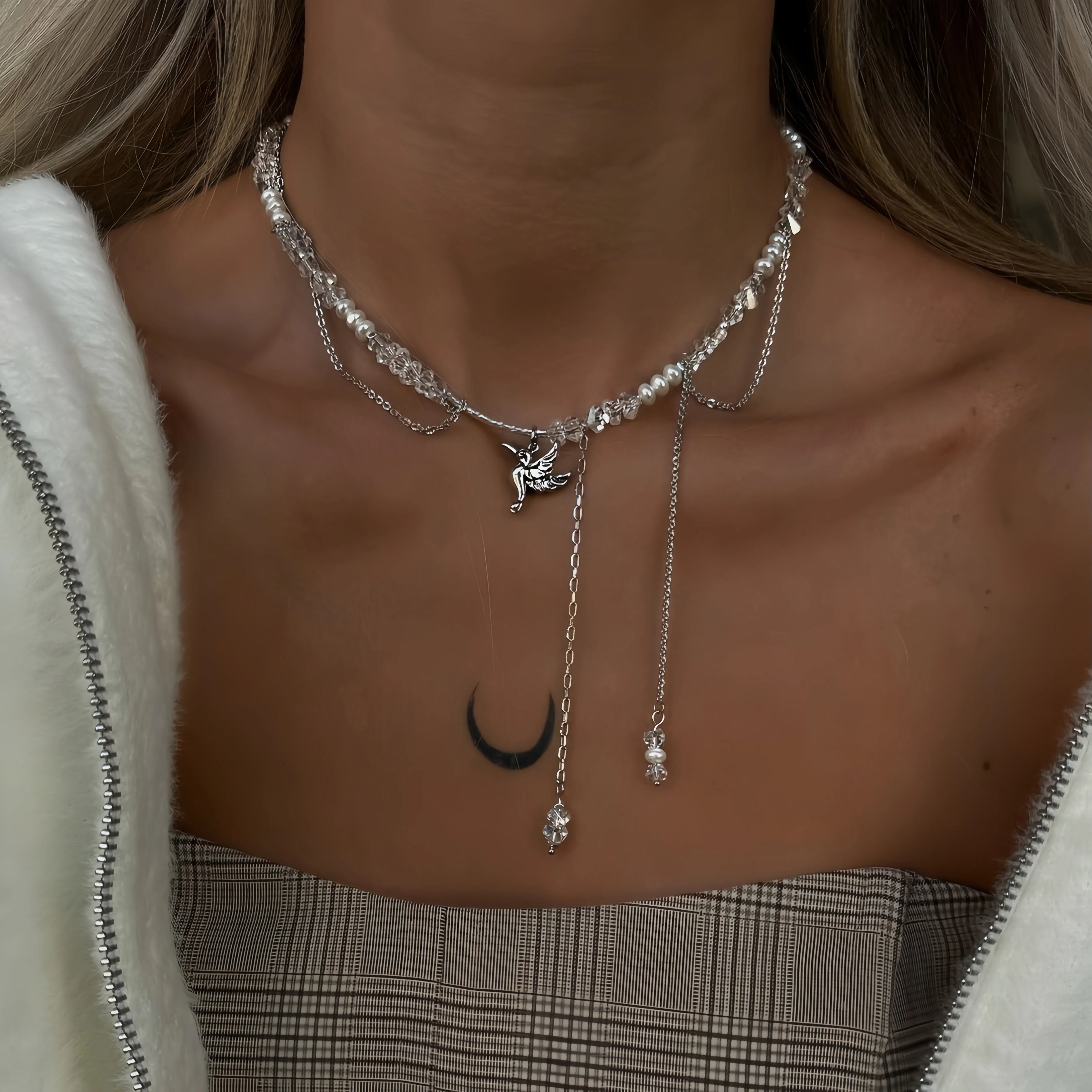 Bird and Heart Pendant Tassel Chain Necklace Jewelry