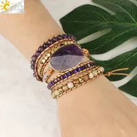 CSJA Natural Stone Bracelets Green Fluorite Crystal Aventurine Bead Leather Wrap Bracelet Multilayer Boho Jewelry Pulseira G118