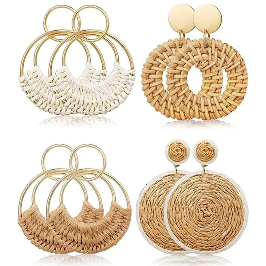 Raffia Straw Woven Boho Hoop Earrings Jewelry