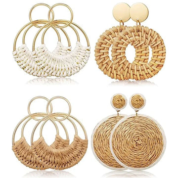 1 or 4 PAIRS Bohemia Summer Beach  Raffia Boho Hoop Earrings for Women Straw Wicker Rattan Dangle Round Drop Earrings