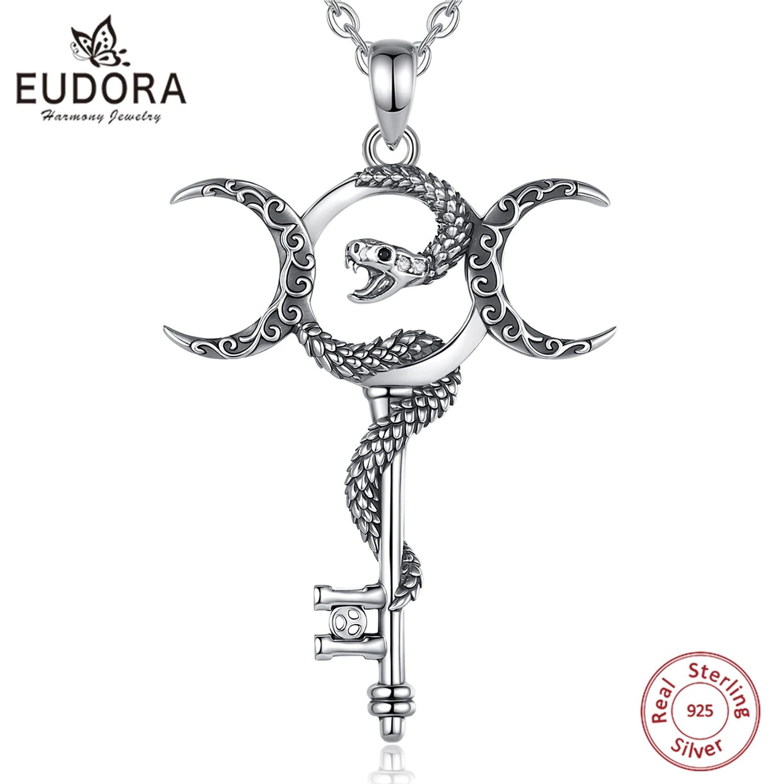Eudora 925 Sterling Silver Hecate Triple Moon Goddess Necklace Snake Key Amulet Pendant Pagan Wicca Jewelry Gift for Women Men