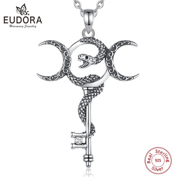 Eudora 925 Sterling Silver Hecate Triple Moon Goddess Necklace Snake Key Amulet Pendant Pagan Wicca Jewelry Gift for Women Men