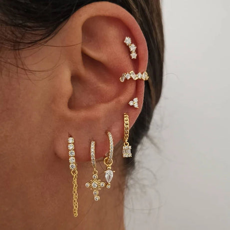 Gold Plated Hoop Stud Ear Cuff Earrings Set Jewelry