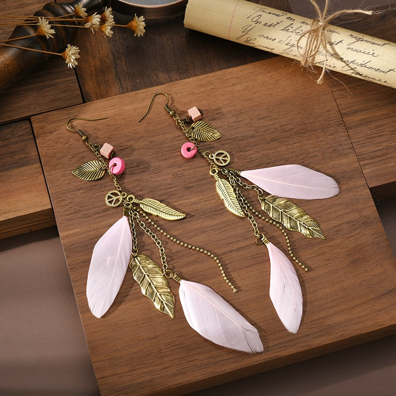 Fashion Earrings Bohemian Ethnic Style Leaf Earrings Jewelry Retro Long Tassel Colorful Feather Earrings Jewelry Gift - Charlie Dolly