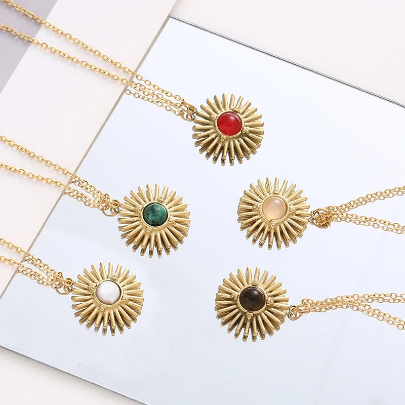 Boho Natural Stone Sun Flower Necklace for Women Bohemian Retro Stainless Steel Necklace Choker Necklaces Fashion Jewelry