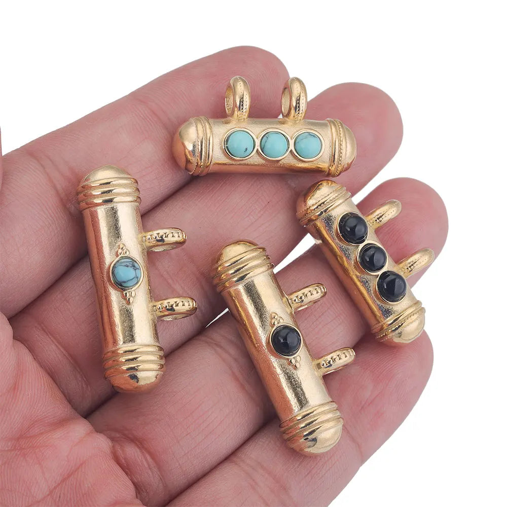 2pcs Stainless Steel Natural Stone Boho Plated Gold Tube Beads Charms Pendant DIY Bracelet Necklace Jewelry Making Metal