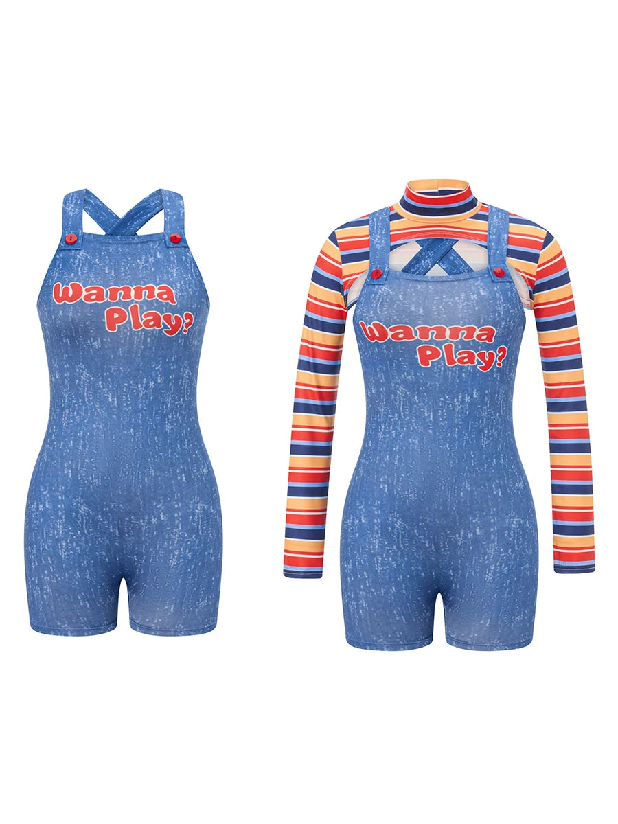 Women 2 Pcs Halloween Costumes Scary Nightmare Killer Doll Wanna Play Movie Character Bodysuit Chucky Doll Cosplay Costume Set - Charlie Dolly