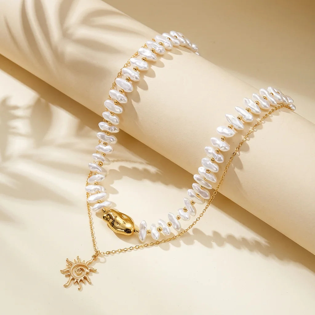 Layered Sun Pendant Bead Choker Necklace Jewelry