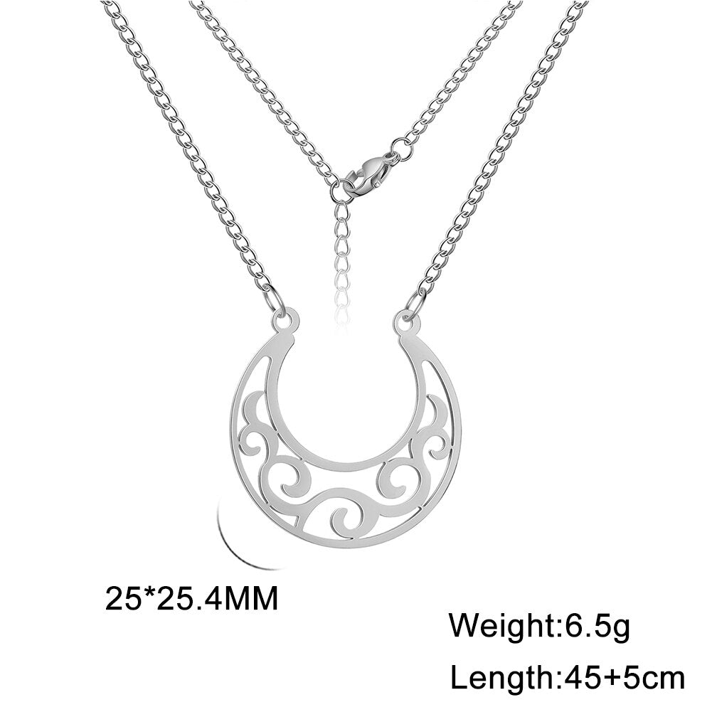 Hollow Flower Filigree Crescent Pendant Necklaces Personality Moon Women Necklace Cut Out Golden Stainless Steel Jewelry