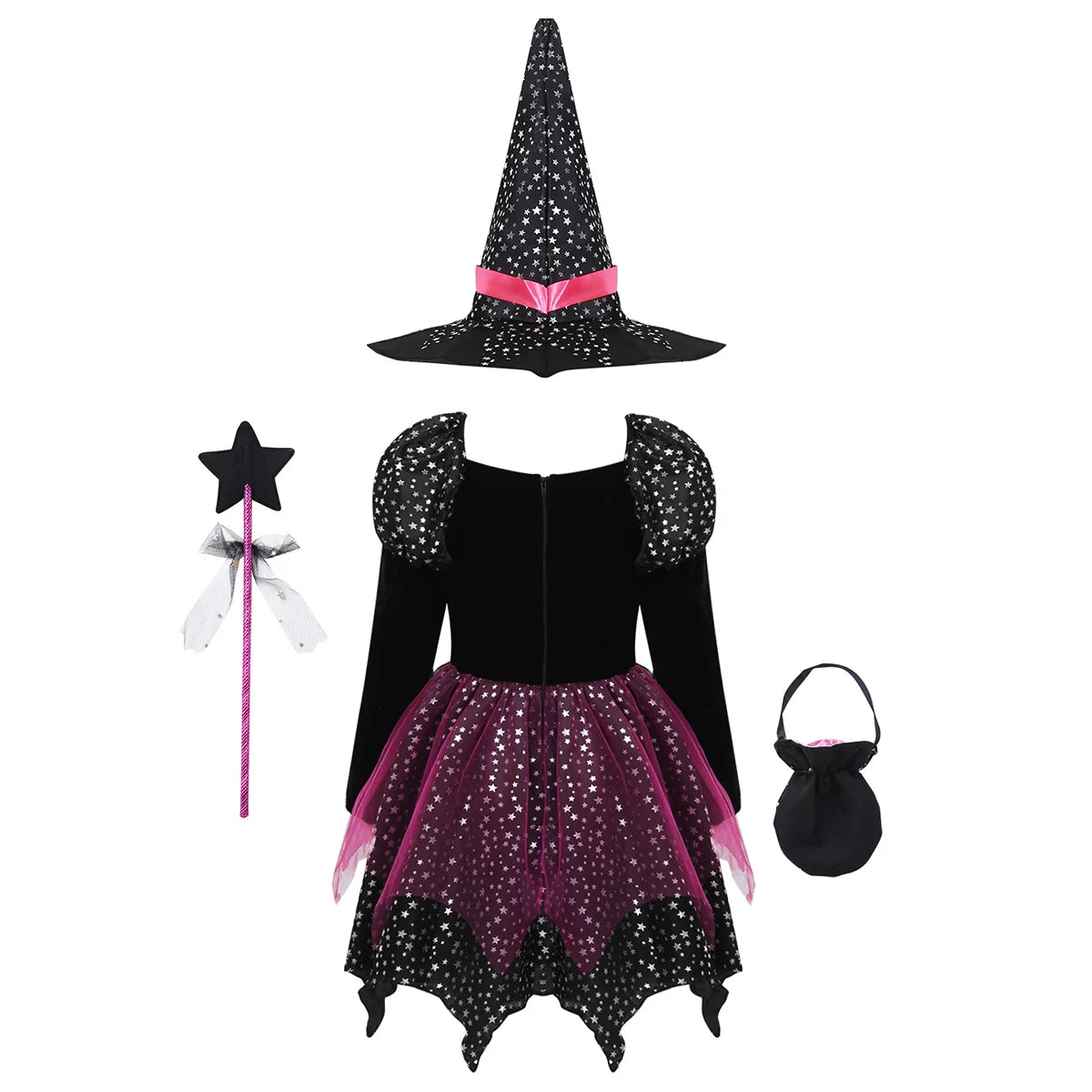 4 Pieces Witch Clothing Set Dress+Hat+Wand+Bag Girls Halloween Wizard Costume 2024 Kid Make up Party Hag Witch Apparel Vestidos - Charlie Dolly