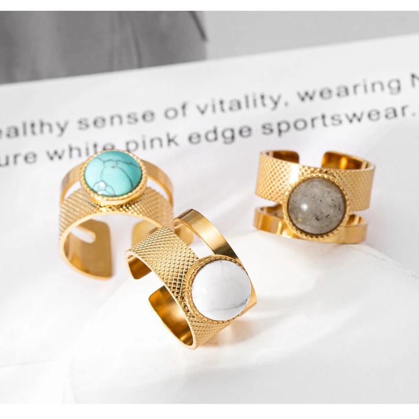 WILD & FREE Boho Stainless Steel Rings For Women Glamour Trendy Gold Color Inlaid Natural Stone Statement Jewelry - Charlie Dolly