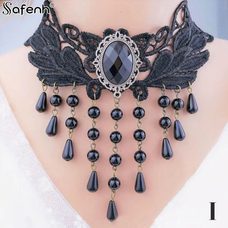 Gothic Victorian Black Lace Necklace Women Girl Boho Crystal Tassel Sexy Lace Choker Steampunk Dark Loli Style Halloween Jewelry - Charlie Dolly