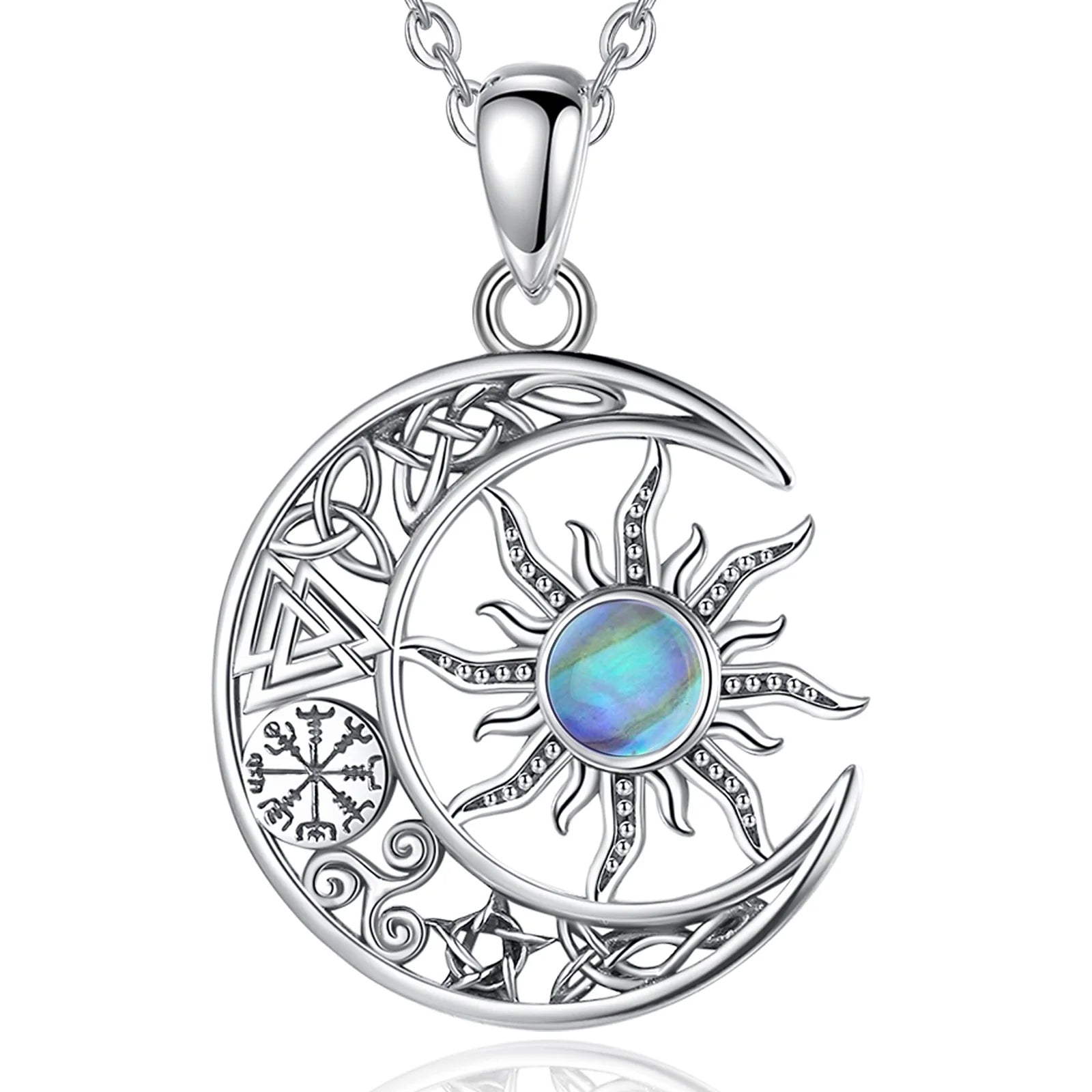 EUDORA 925 Sterling Silver Sun Moon Necklace for Women Man  Pentagram Viking Celtic knot Moon Pendant Fine Jewelry party Gift