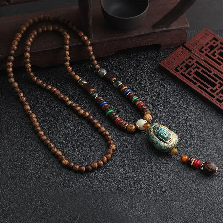 Nepal Wood Bead Tassel Sweater Chain Necklace Jewelry